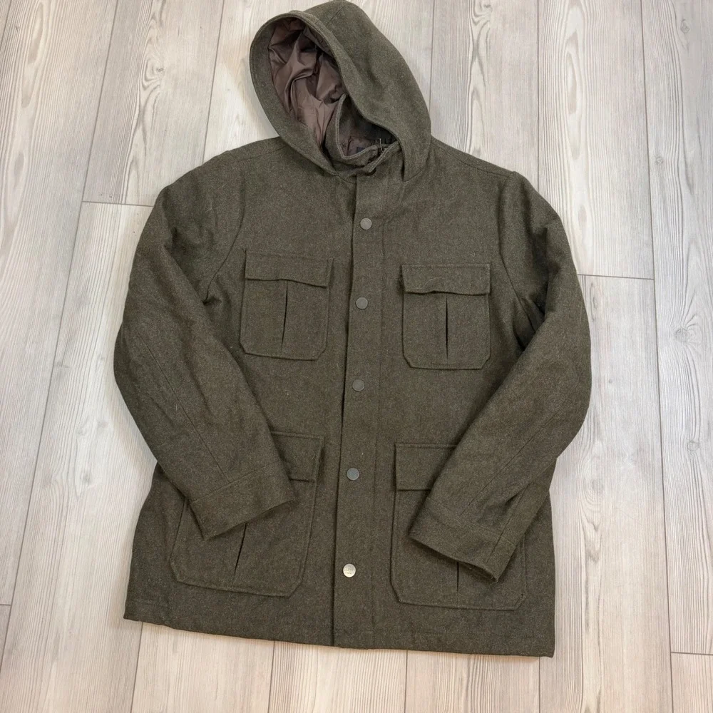 Banana Republic Mens Recycled Wool Blend Hooded Field Jacket Olive Green Large